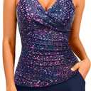 Women Tankini Swimsuits with Shorts - Two Piece Tummy Control Bathing Suits Top with Two Pockets Bottom Swimwear, Large
