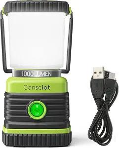 LED Camping Lantern Rechargeable, Consciot Camping Lights, 1000LM, 4 Light Modes, 4400mAh Power Bank, IPX4 Waterproof Tent Lights, Dimmable Flashlight for Emergency, Power Outages