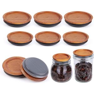 3Pack Regular Mouth and 3Pack Wide Mouth Mason Jar Lids Acacia Wooden Storage Canning Jar Lids Ball Jars Bamboo Wooden Lids with Airtight Silicone Seal, Brown