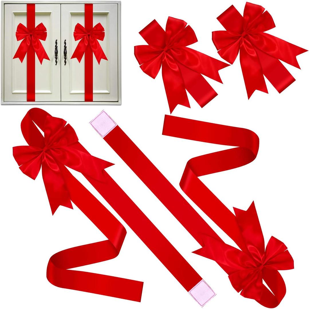 BBTO 6 Pcs Christmas Cabinet Door Red Festive Ribbons 8x40 Inches Large Bow Christmas Wreath Tree Bow Festival Wrapping Decorations for Home Fireplace Door Holiday Party Supplies