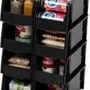 IRIS USA Medium Stackable Storage Bins, 8-Pack, 11"L x 6"W x 5"H, |Made in USA|, Plastic Open Front Shelf Bin for Organizing Parts, Hardware, Tools, Supplies, Garage Shelf, Pantry - Black