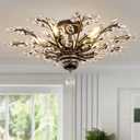 Wellmet Vintage Crystal Ceiling Light Fixture, 5 Lights Bronze Semi Flush Mount Ceiling Light Fixture, Modern Farmhouse Chandelier for Dining Room, Bedroom, Bathroom, Entryway, Hallway, W-24in