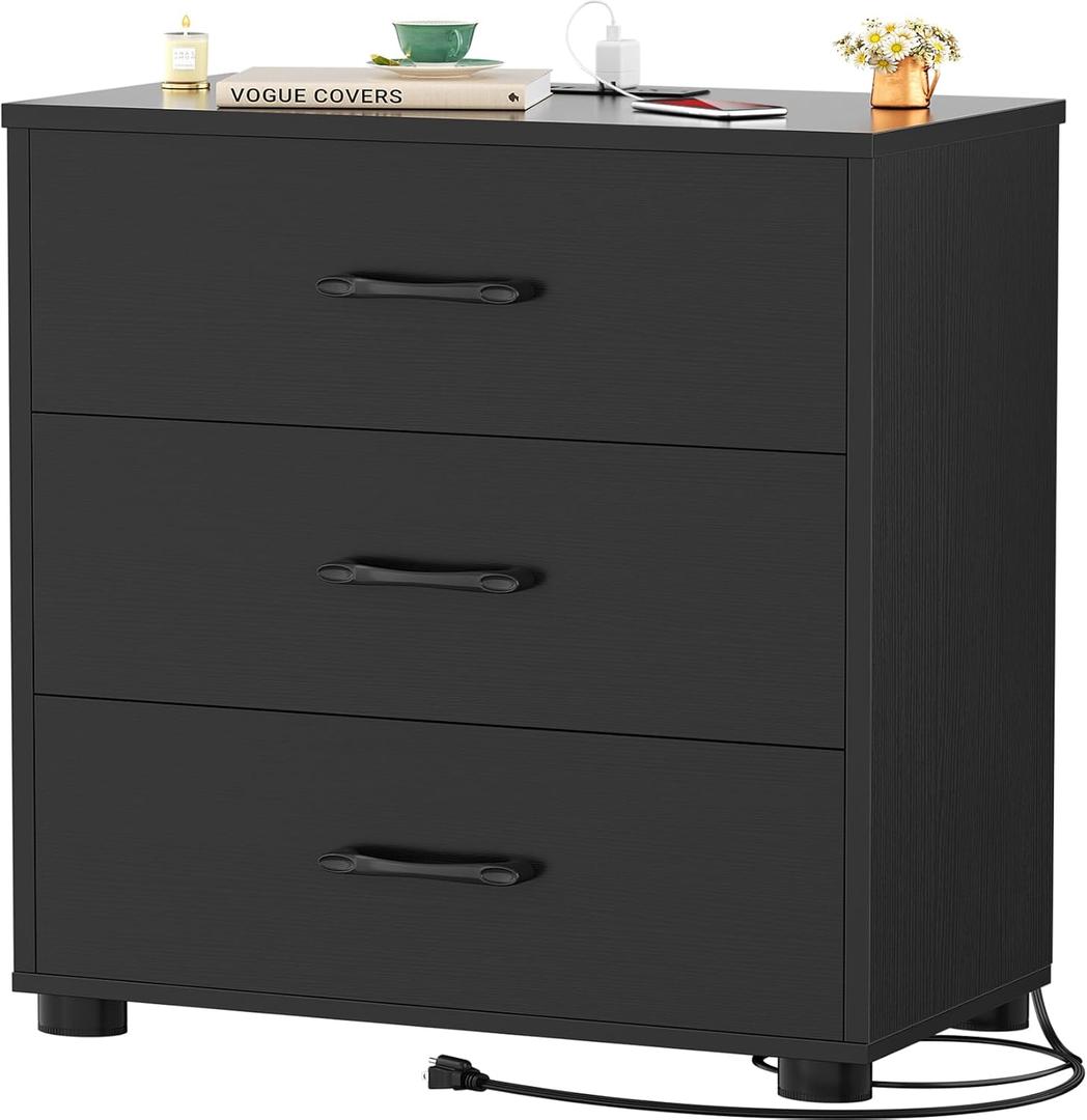 Aheaplus Night Stand with Charger Station, 21.7'' Wider Nightstands with 3 Wooden Drawers, Large Bedside Table, Modern Tall End Side Table, Nightstand for Bedroom, Black