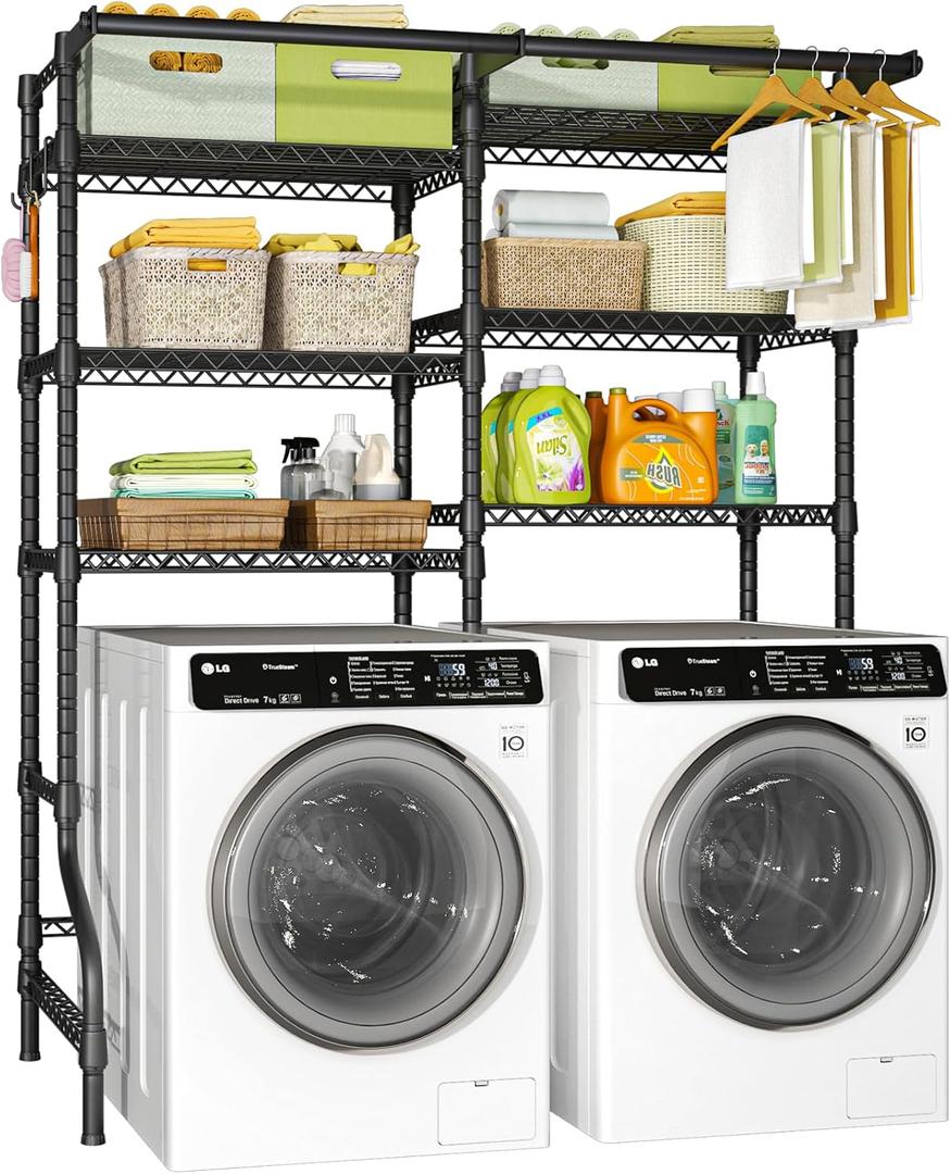 Ulif U13 Medium Over Washer and Dryer Storage Shelves, 6 Tiers Laundry Room Standing Shelf with 2 Hanger Rods, Space Saver Clothes Drying Rack, 57.8" W x 22" D x 77.4" H, Black