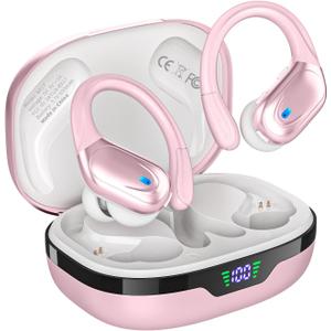 Wireless Earbuds, Sports Bluetooth Headphones, 80Hrs Playtime Ear Buds with LED Power Display, Noise Canceling Headset, IPX7 Waterproof Earphones for Workout/Running (Pink)