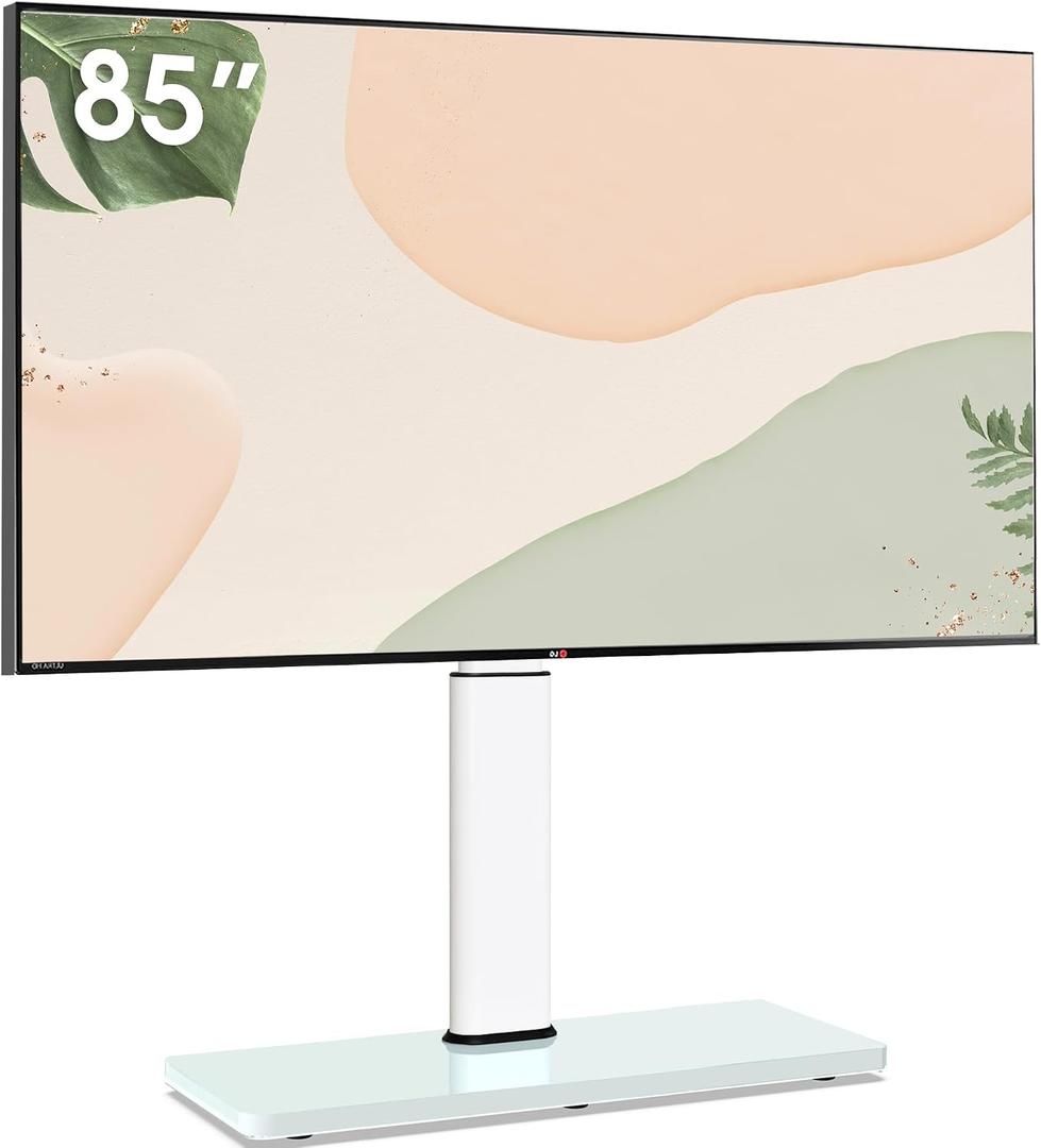 Universal Swivel TV Stand Table Top TV Mount Stand for 43 to 75 80 85 inch TVs, 8 Level Height Adjustable with Tilting, Heavy Duty Tempered Glass Base, Holds up 110lbs, MAX VESA 400x600mm, White