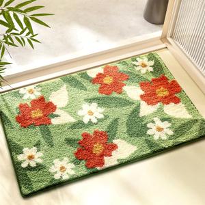 Bath Mat, Flower Pattern Bath Mats for Bathroom, Non-Slip, Machine Washable, Fit Under Door, Absorbent Bath Rugs, Shower Outside, Home Decor Accessories. (16"x24") (Red Flowers and Green Leaves)