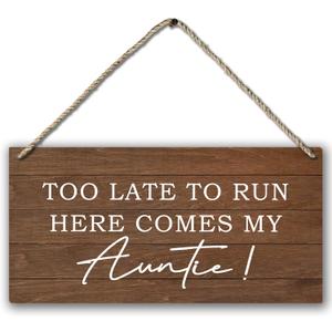 PHAMTE Ring Bearer Sign,Ring Bearer Wedding Too Late to Run Here Comes My Auntie Plaque Sign Wall Hanging,Rustic Wedding Decor 12 x 6 Inches (brown)