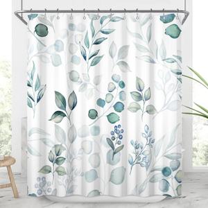 Leaves Shower Curtain, Blue Green Waffle Shower Curtains 72x72inches Watercolor Eucalyptus Leaves Waterproof Fabric Shower Curtain Set with Hooks