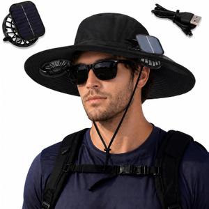 Berlune Solar Fan Hat with 2 Fans for Men Wide Brim Cooling Outdoor Hat Fishing Hiking Bucket UPF 50+ USB & Solar Powered (Black, L)