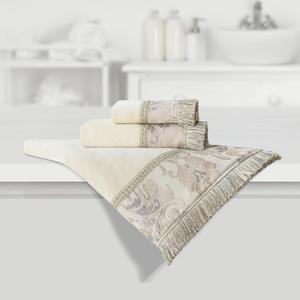 Loom and Mill Luxury Velour Cotton Bath Towel Set 3 Piece-1 Bath Towel 1 Hand Towel 1 Wash Cloth, Ultra Soft Cut Pile Decorative Towel Sets Highly Absorbent, Elegant Jacquard Design(Ivory-Beige)