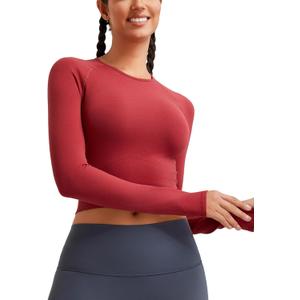 RUNNING GIRL Long Sleeve Workout Tops for Women Soft Crew Neck Basic Tight Cropped Top Casual Seamless Shirt (Red, M)