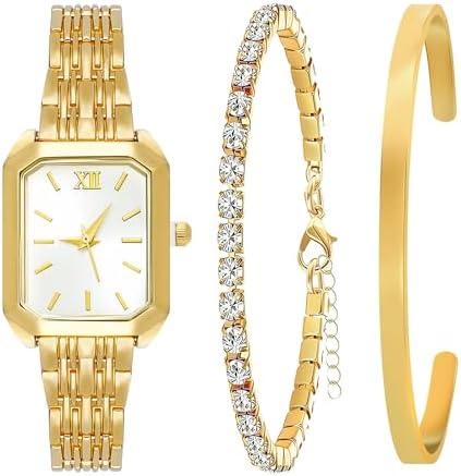 NEWITIN 3 Pieces Women Gold Watch Bracelets Set Fashion Costume Jewelry Stainless Steel Gold Plated Square Wristwatch Diamond Bangle Bracelet Watch Jewelry Set for Women