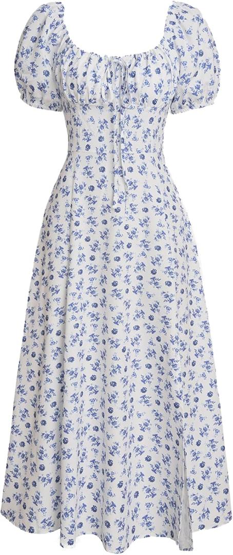 RIHOAS Womens Summer Dresses Square Neck Vintage Short Sleeve Midi Dress Casual Puff A Line Chiffon Sundress (L)