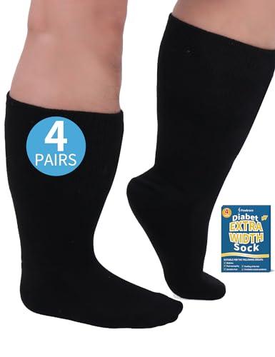 Powbrace 4 Pairs Wide Diabetic Socks for Swollen Feet, Lymphedema & Edema Relief, Non-Binding Calf Socks for Men & Women