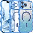 4 x BENTOBEN for iPhone 17 Pro Max Case Clear, [Compatible with MagSafe][Full Camera Protection][Cute Wave Frame][DIY Glitter Cardstock] Electroplated Wavy Shockproof 17ProMax Phone Case 6.9", Sky Blue
