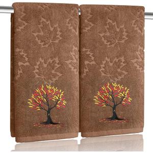2 Pcs Brown Fall Hand Towels for Bathroom 100% Cotton Jacquard Embroidered Autumn Tree Maple Leaves thanksgiving bath towels bathroom kitchen towels decorative gift Holiday Home DecorBrown Tree