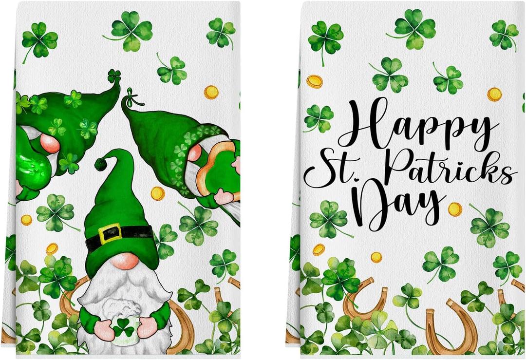 XCHI Gnomes Green Shamrocks Clovers Horseshoes St. Patrick's Day Kitchen Towels Dish Towels 18x26 Inch Home Kitchen Decorations Hand Towels Set of 2 Drying Dishcloth
