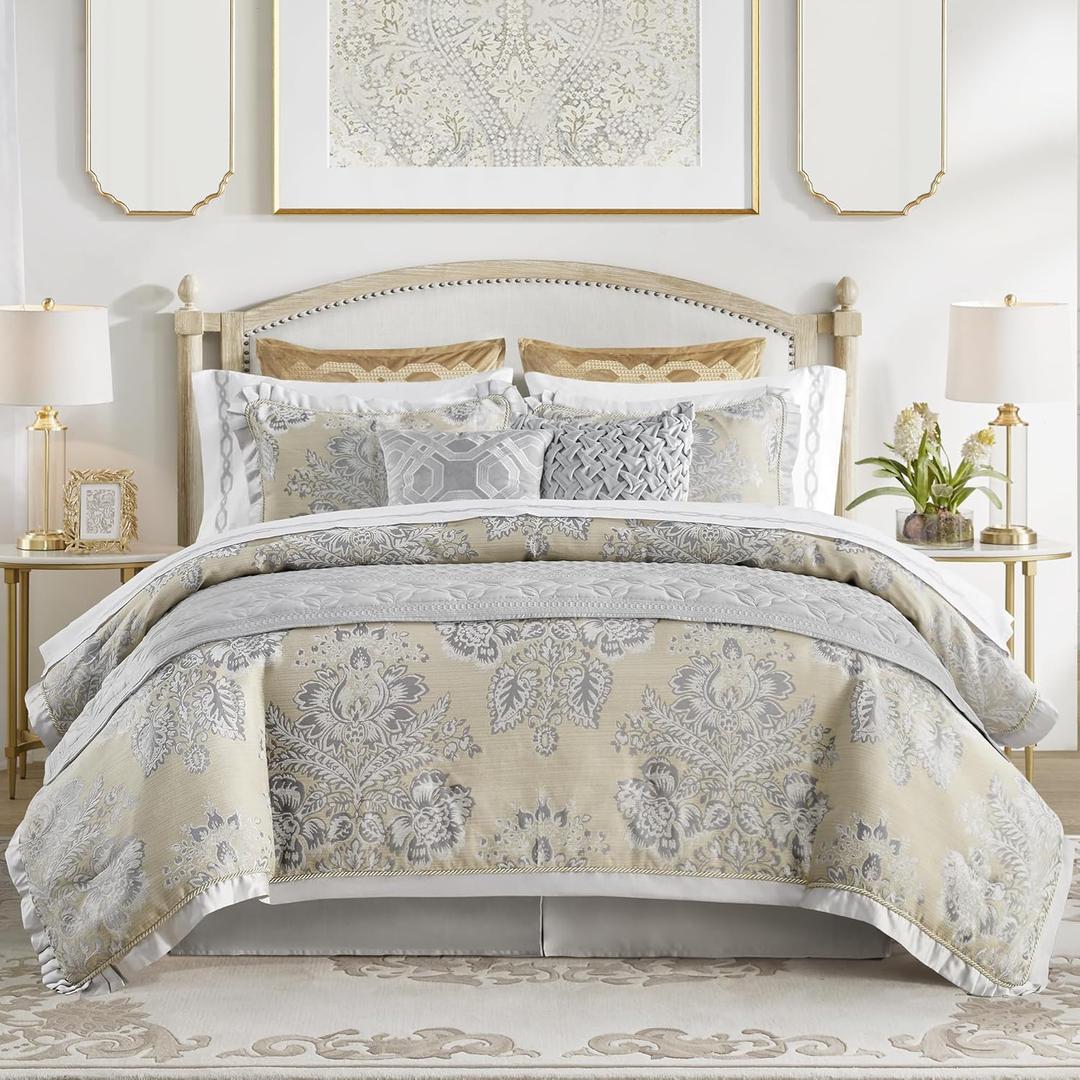 CROSCILL King Comforter Set, Luxe Chenille Jacquard Floral Medallion, Microfiber Twill Comforter for a King-Size Bed, Oversized Comforter King Bedding, 2 Shams & Bedskirt, Loretta, Beige 4 Piece