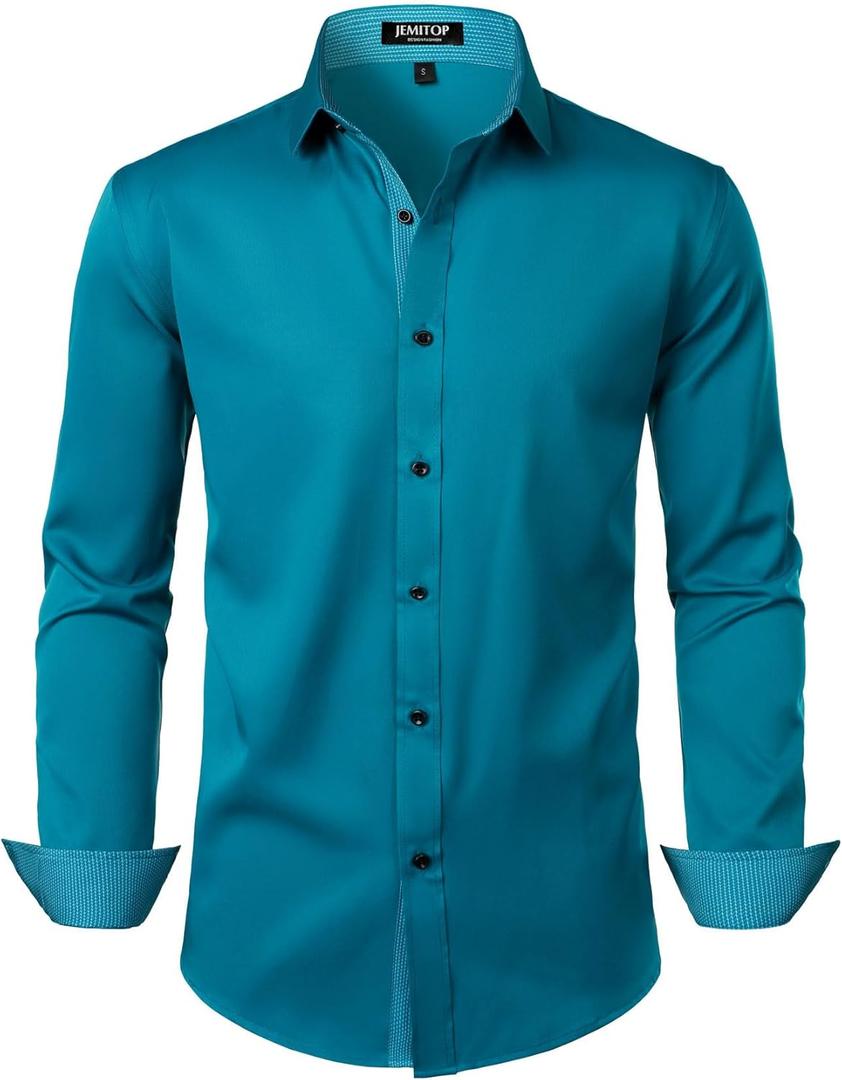 JEMITOP Men's Stretch Multi-Use Long Sleeve Dress Shirts Party Prom Wedding Shirts with Slight Sheen (3X-Large, Teal)
