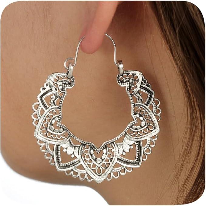 Vintage 925 Sterling Silver Filigree Hoop Earrings Bohemian for Women Intricate & Delicate Cutout Design Details Tribal Floral Gypsy Lightweight Metallic Statement Earrings（Silver）