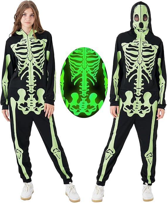 PARTISKY Adult Onesie Skeleton Costume Women & Men, Glow in the Dark Halloween Skeleton Jumpsuit with Zipper Hooded, XL