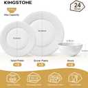 KINGSTONE Bone China Dinnerware Set, 24-Piece White Porcelain Tableware for 8, Hammered Rim Plates and Bowls, Microwave and Dishwasher Safe, Elegant Dish Set for Wedding, Family & Restaurant