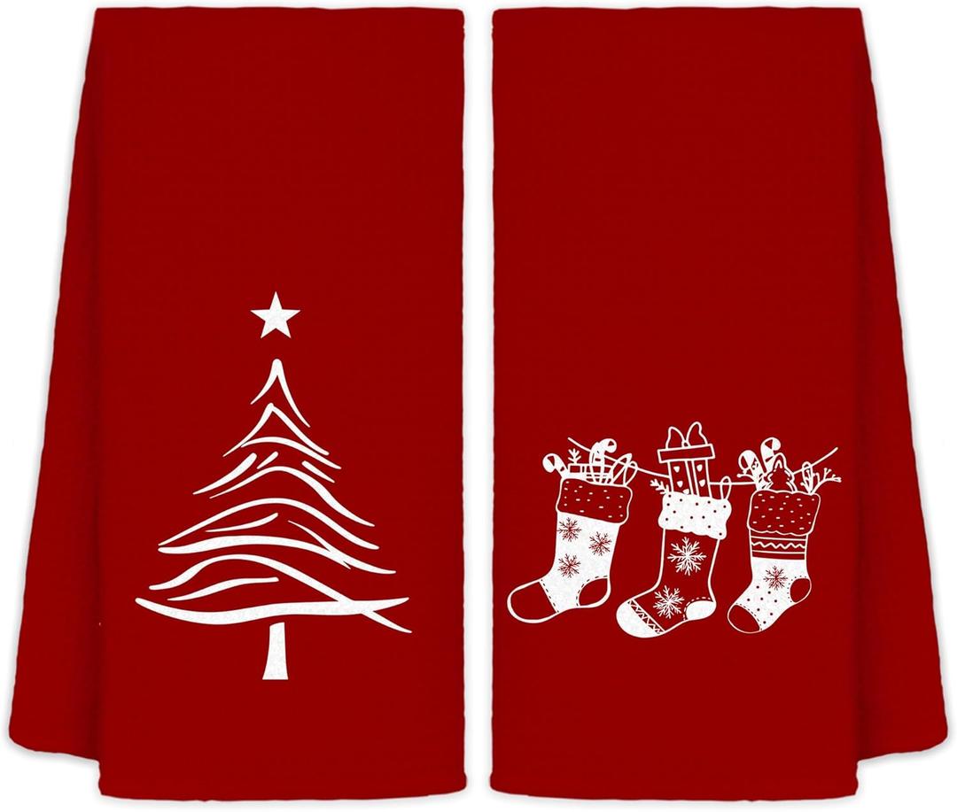 Red Kitchen Towels Set of 2, Stocking Tree Decorative Hand Towels for Bathroom, Christmas Dish Towels for Kitchen, Christmas Kitchen Bathroom Decor, 16x24 Inches