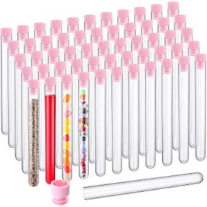 Hoteam 100 Pcs Plastic Test Tubes with Caps, 25ml Clear Test Tubes for Plant, Mini Wine Glass, Christmas Gift Install Beads Candy Seed Powder Spice Liquid Scientific Experiments(150 x 16 mm,Pink Lid)