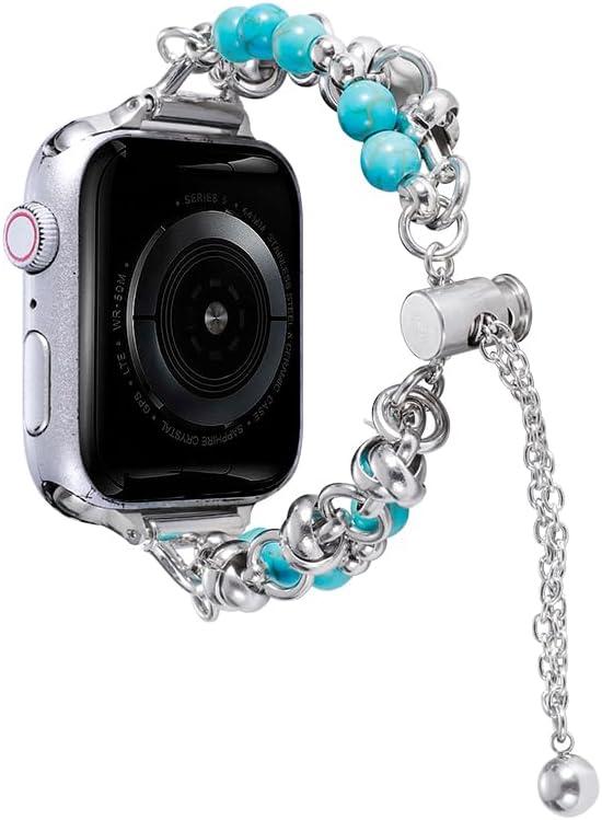 Metal Bands Compatible with iWatch 42mm Beaded Bracelet, Adjustable Strap Replacement Bling Smartwatch Bands Pearl Compatible with Apple Watch 38mm 40mm 41mm 42mm Series SE/11/10/9/8/7/6/5/4/3/2/1