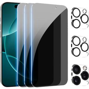 PEHAEL [3+3Pack] for iPhone 16 Pro Privacy Screen Protector with Camera Lens Protector Full Coverage Anti-Spy Tempered Glass Film 9H Hardness Upgrade Edge Protection Easy Installation Bubble Free [6.3 inch]