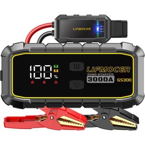 GS300 Car Jump Starter,3000A Portable Battery Jumper Starter for Up to 10.0L Gas & 8.0L Diesel Engines,59.2WH 12V Jump Box with Storage Case,USB Quick Charge,LCD Display,for Cars,Motorcycles,Trucks