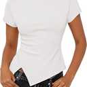MEROKEETY Women's Summer Asymmetrical Tops 2026 Short Sleeve Boat Neck Ruched Slim Going Out T-Shirts Trendy Y2K Clothes Small