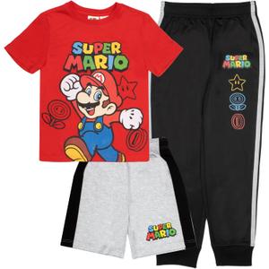 Nintendo Super Mario Bros Boys 3-Piece Pants Set - Short Sleeve T-Shirt, Shorts, and Jogger Pants 3-Pack Bundle Set (Red/Gray/Black), Size 3T
