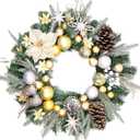 Christmas Wreaths for Front Door, 24 Inch Winter Wreath with Flocked Norfolk, Gold Silver Star Ball Ornaments, Pinecone, Poinsettias, Christmas Door Decorations, Holiday Wreath Xmas Indoor Outdoor