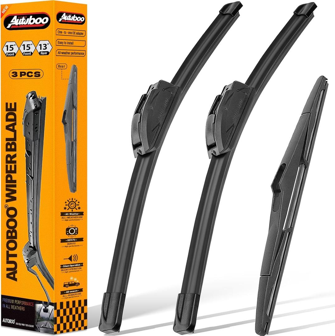 AUTOBOO 15"+15" Windshield Wipers with 13 Inch Rear Wiper Blade Replacement for Jeep wrangler JK 2008-2018,Jeep wrangler 2007-2017-Original Factory Quality (Pack of 3)