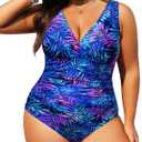 Aqua Eve Women Plus Size One Piece Swimsuits Tummy Control Bathing Suits V Neck Ruched Swimwear (Blue Purple Tropical Leaves)