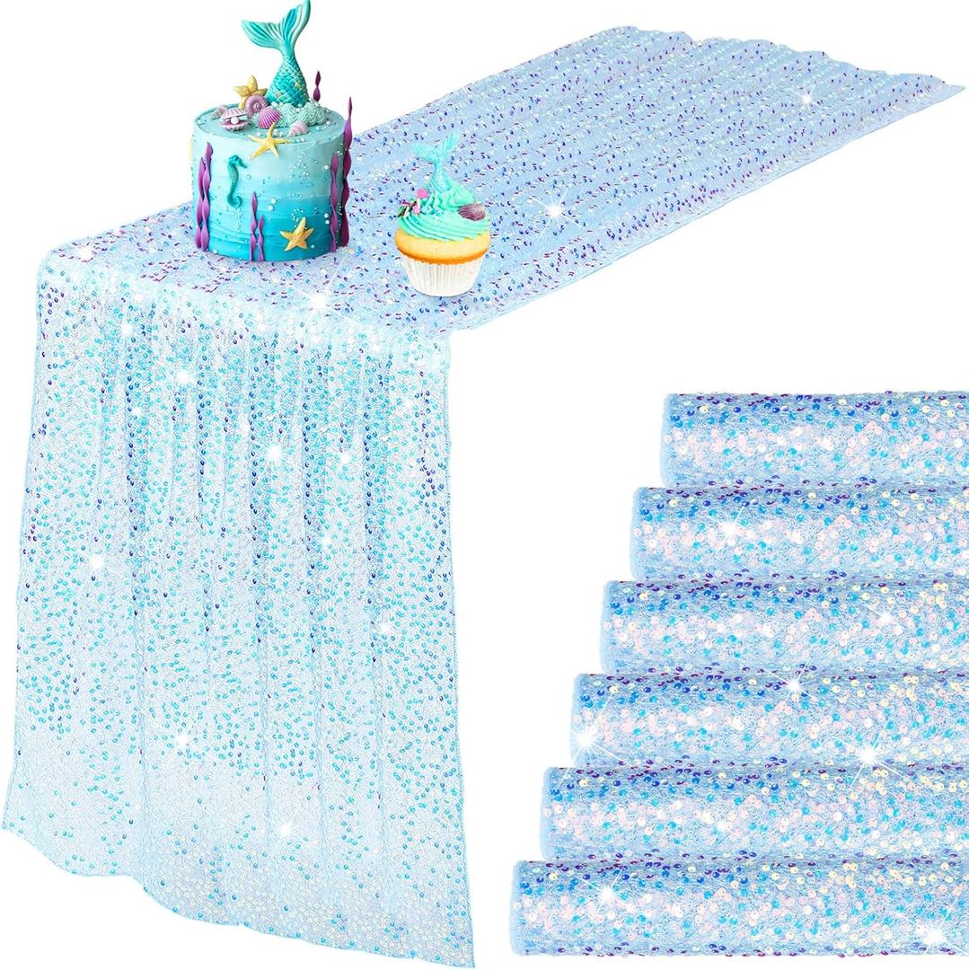 6 Pcs Iridescent Sequin Table Runner 12 x 72 Inch Mermaid Table Runner Glitter Sequin Sparkly Desk Cover for Wedding Birthday Party Ceremony Supplies Decor (Blue)
