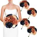 Wedding Bridesmaid Bouquets Set of 4, Artificial Silk Flowers Arrangement for Ceremony Marriage Proposal Party Anniversary Decorations - Burnt Orange & Navy Blue
