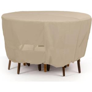 Covermates Classic Round Patio Dining Table and Chair Set Cover – All-Weather Outdoor Furniture Protection, Water-Resistant Vinyl, Elastic Hem, Mesh Vents, 86DIAMETER x 30H, Classic Tan