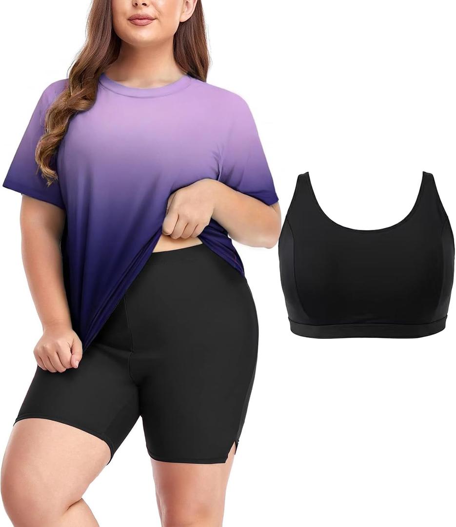 Inno 3 Piece Plus Size Swimsuit for Women with Bra Rash Guard Short Sleeve with Boyshorts UPF 50+ Surfing Swimwear 2026 (XXXL)