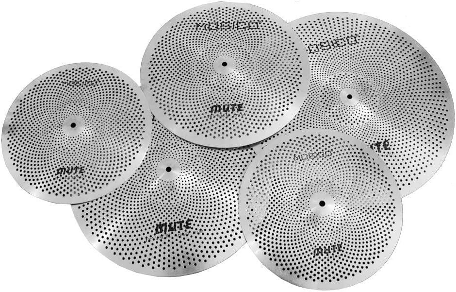 Low Volume Cymbal Pack Mute Set 14'Hihats+16"Crash+18'Crash+20"Ride 5 Pieces Silver Drummer Practice Quiet Cymbal for Drum Set