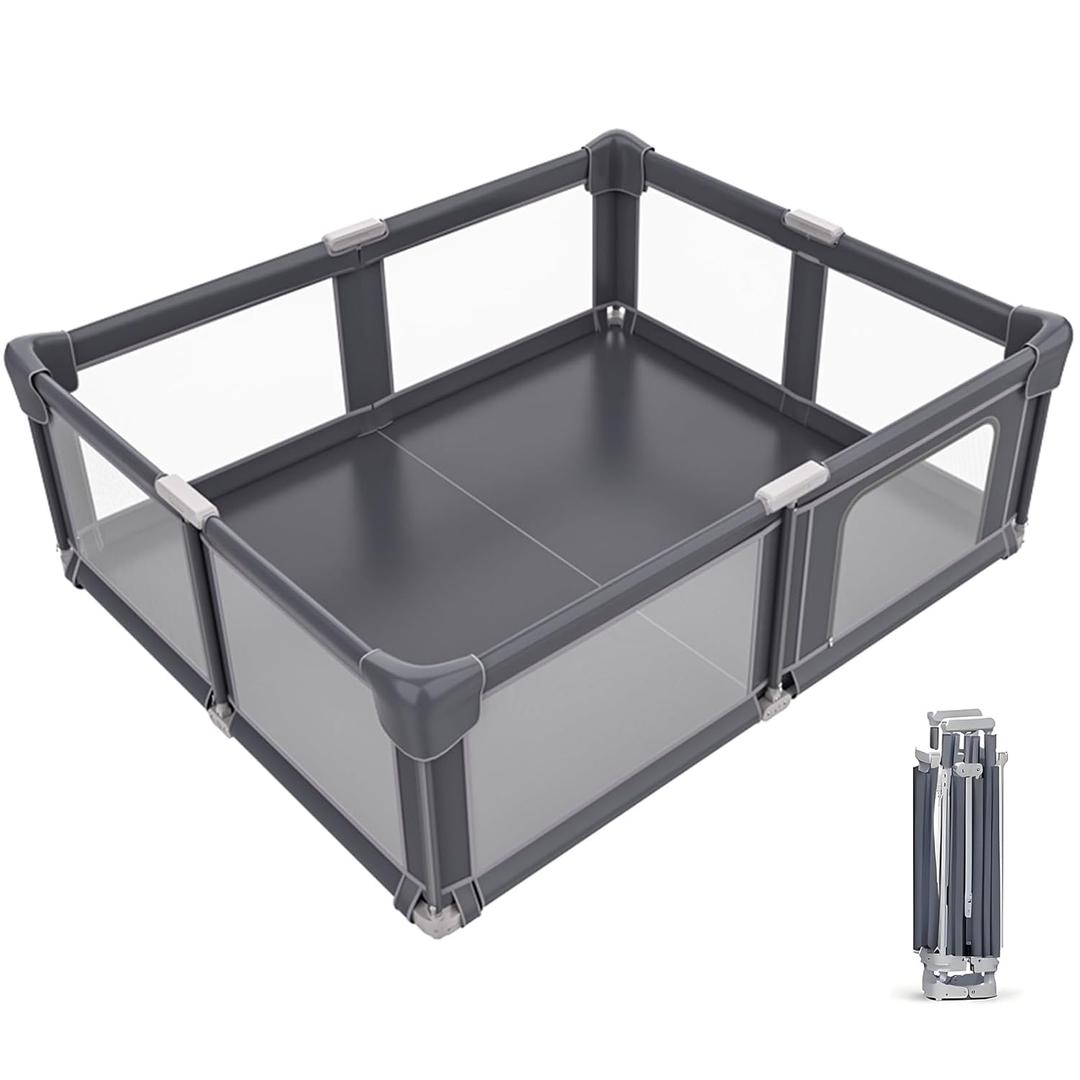 79"x79"x27" Baby Playpen with Safety Mat - Extra Large Playard for Toddlers, Foldable Portable Play Yard with 8 Handles & Storage Bag, ASTM Certified Anti-Fall Playpen for Indoor/Outdoor (Grey)