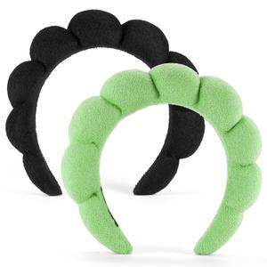 2 Count Hairband, Set of 2 - Thick, Soft, Plush, Absorbent Terry Cloth Spa Headbands for Washing Face or Facial - Puffy Makeup Headbands for Face Washing, Mask, Skin Treatment (Black+Green)