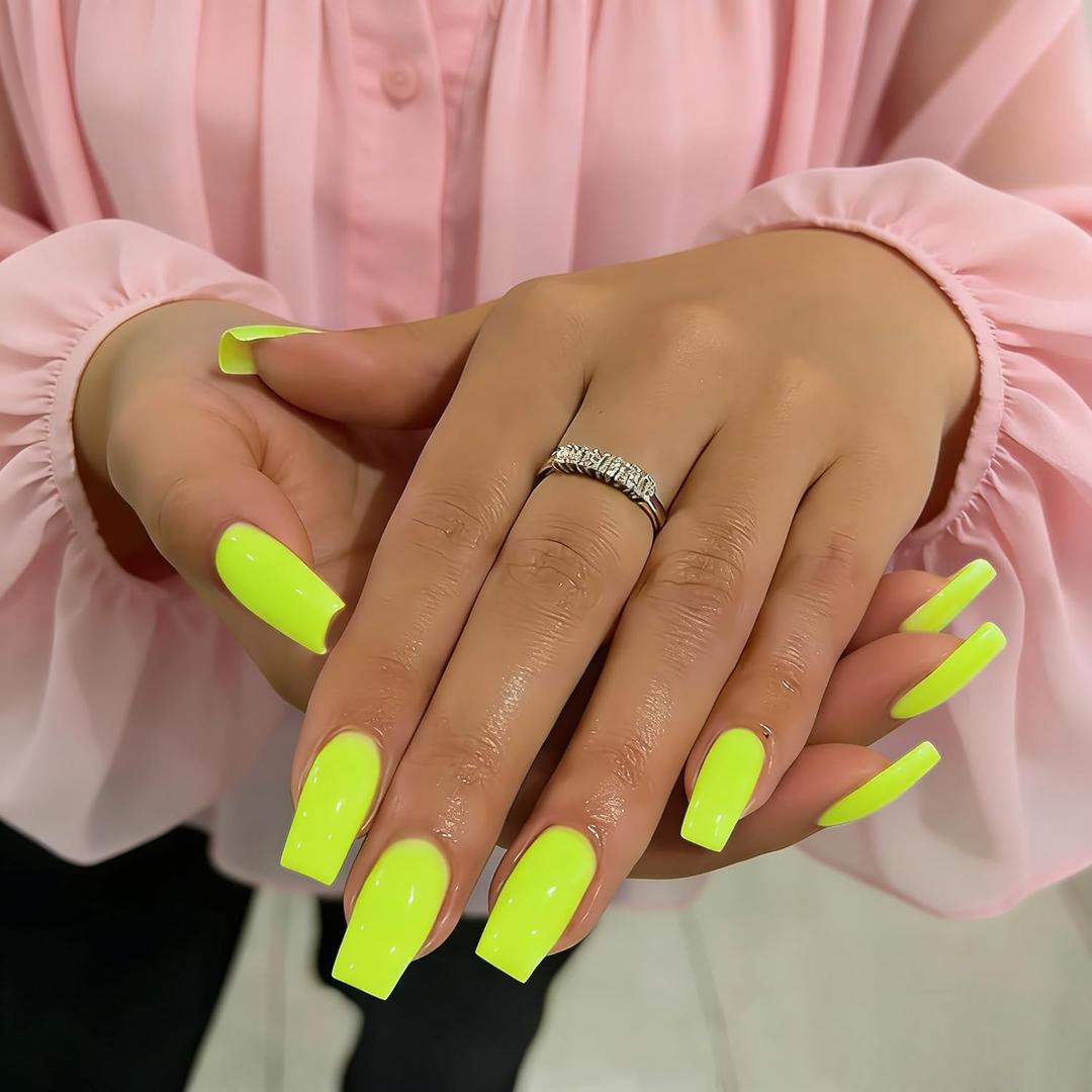 Neon Green Press On Nails Medium Long Square, Vibrant Lime Fake Nails with Glue, Thick Natural Glossy Coffin Glue on Nails for Women Daily, Reusable Quality Acrylic False Nail Set, 24 Pcs