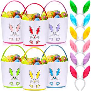Domensi 12 Pcs Easter Basket Set for Kids Canvas Easter Baskets with Handles and Plush Bunny Ear Headbands, Reusable Small Bags Bulk for Egg Hunt Supplies(Footprints)