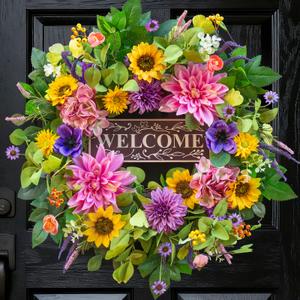 Spring and Summer Wreath for Front Door 24 Inch Spring Wreath with Lifelike Sunflower, Pink and Purple Dahlia Spring Door Wreath with Welcome Sign, Outdoor Wreath for Spring and Summer