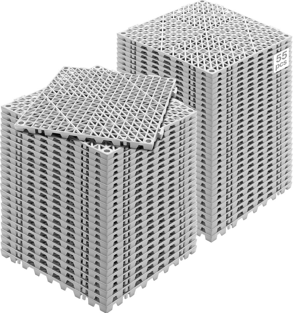 VEVOR Interlocking Tile 55PCS, Drainage Tiles 12" x 12" Splicing, Soft PVC Interlocking Drainage Floor Tiles, Non-Slip Drainage Holes for Restroom, Bathroom, Kitchen, Pool, Wet Areas, Grey