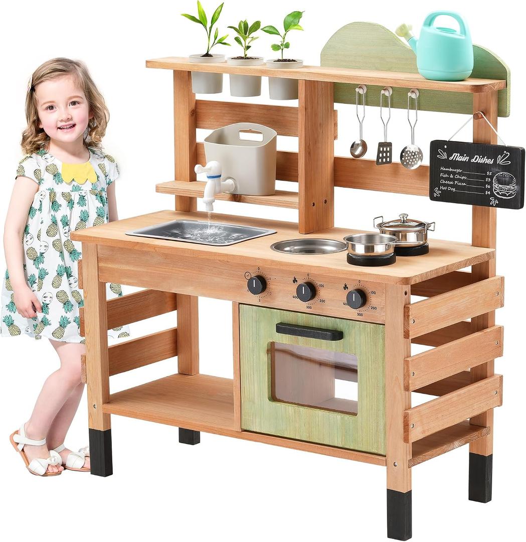 OLLIKIVI Outdoor Play Kitchen for Kids | Wooden Mud Kitchen Set with Removable Sink, Planting Area, Oven, Stove, Dual-Sided Chalkboard & Storage | Backyard Pretend Toy | Ages 3+, 35.62 x 13.18 x 31.29 inches