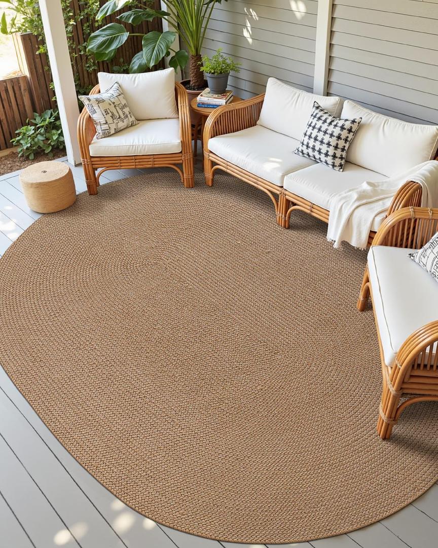 DEXI Oval Easy Jute Rug 8x10, Braided Woven Rustic Rugs No Shed, Large Neutral Area Carpet Mat for Outdoor Patio Dining Living Room Farmhouse, Tan Brown
